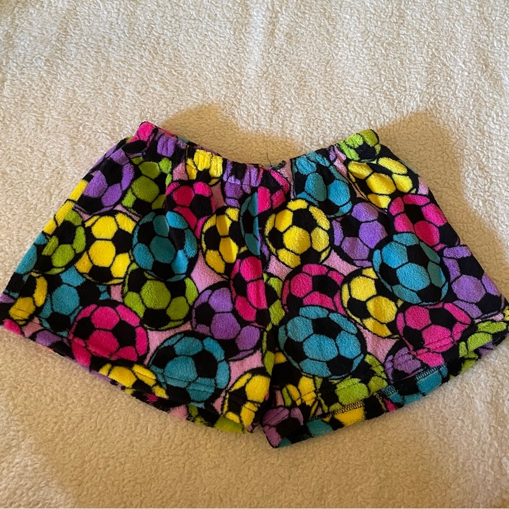 NWT Fuzzies by Confetti Multi Color Soccer Plush Pajama Shorts Size JR Small